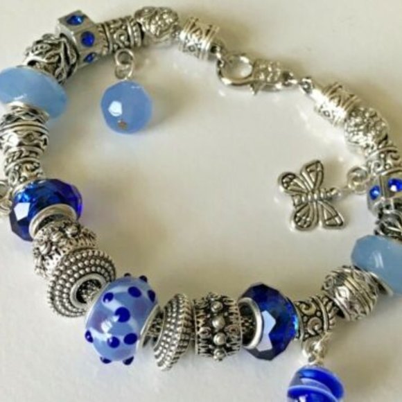 European Style Silver Plated Charm Bracelet with Beads, Lobster Closure, 9" Long - Picture 2 of 12